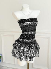 Elamini Váy Bustier in hoa màu tương phản chắp vá cổ điển - màu đen - Xem 3