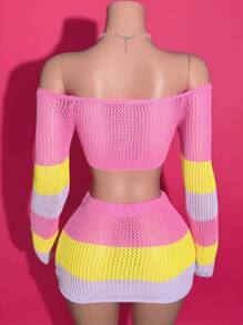 2025年夏季新音乐节、生日派对、毕业季、学生日常穿着、休闲装、度假装、邮轮旅行、海滩装、日光浴装、热门热卖装、露肩装、露背装、心形图案、修身装、迷你针织裙套装、撞色装、钩针编织装、女士两件套毛衣套装 - 彩色 - 查看 3