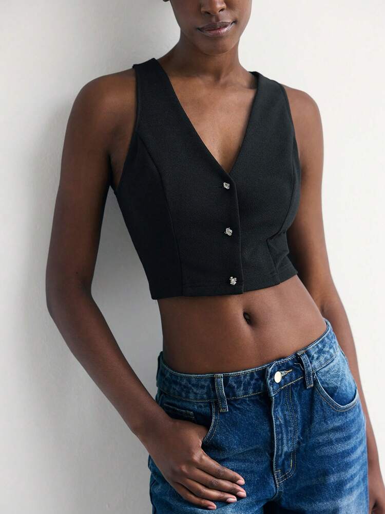 SHEIN Maija Women's Solid Color Button V-Neck Sleeveless Open Back Cropped Backless Tank Top For Summer