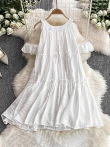 INAWLY 女式露肩荷叶边多层短款连衣裙，休闲度假风格，夏季 - 白色 - 查看 1