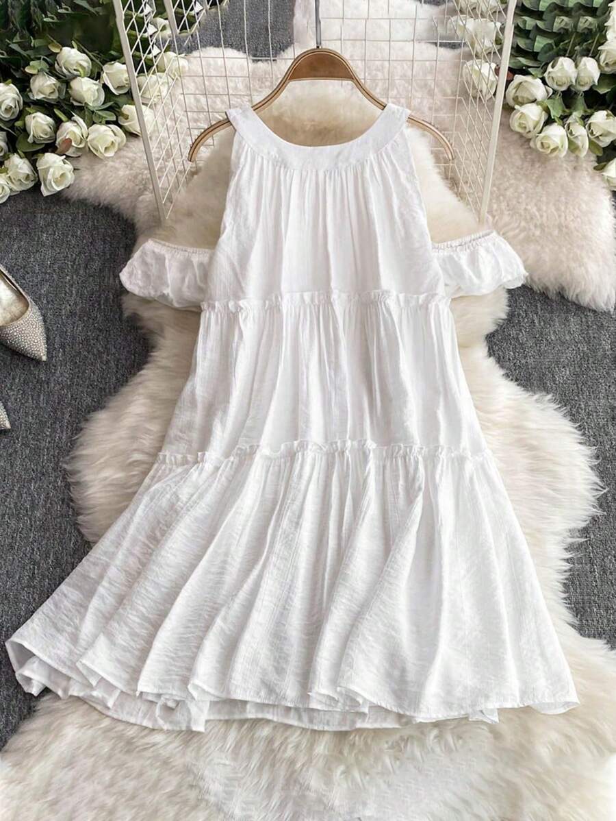 INAWLY 女式露肩荷叶边多层短款连衣裙，休闲度假风格，夏季 - 白色 - 查看 1