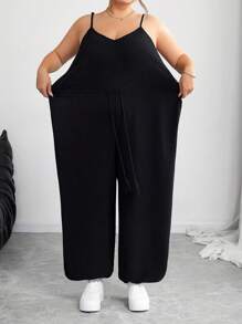 SHEIN CURVE+ 大码黑色卡哇伊服装女式连体裤，踝带连体裤女士沙滩装/沙滩裙/沙滩度假装/沙滩必需品/毕业/茶会礼服夏季/乡村/沙滩度假装/沙滩装/沙滩装 - 黑色 - 查看 3