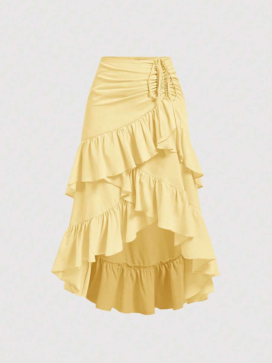 SHEIN MOD Women's Creamy Yellow Summer Skirt With High-Low Hem ,Drawstring Ruffled Layered,Party Skirt,Boho Skirt,Lunch Skirt