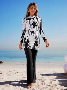 Swim Mulvari 2 件套女式夏季新款性感长袖防晒衣上衣和长款松紧腰喇叭裤全覆盖泳衣，时尚布基尼套装 - 彩色 - 查看 3