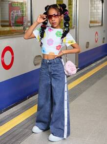 SHEIN Tween Girl Spring Summer Contrast Color Button Loose Pocket Casual Versatile Baggy Wide Leg Jeans, Casual Concert Rave Festival Fall Winter