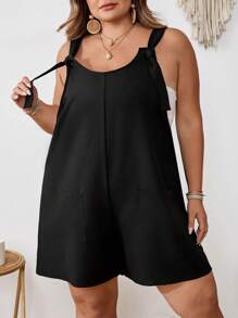 SHEIN CURVE+ 大码女式无袖前袋系带装饰宽腿宽松连体裤（不含胸罩），夏季假日服装，女士度假服装 女士沙滩服装/沙滩裙/沙滩度假服装/沙滩必需品/毕业/茶会礼服 夏季/乡村/海滩度假服装/沙滩服装/沙滩装 - 黑色 - 查看 4