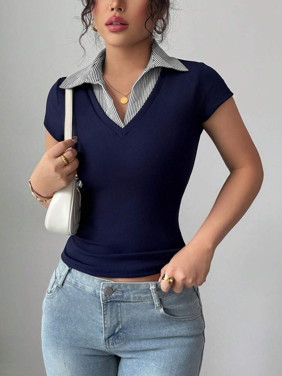 SHEIN Raffinéa 女士休闲通勤优雅商务休闲度假舒适成熟优雅性感V领条纹拼接2合1蓝色罗纹面料高弹修身短袖T恤，春夏 - 寶藍色 - 查看 1