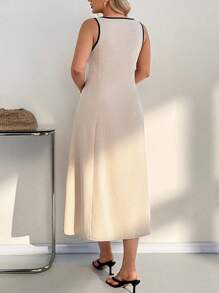 Auralis 大码女式撞色镶边长裙，时尚日常穿着，夏季 - 卡其色 - 查看 2