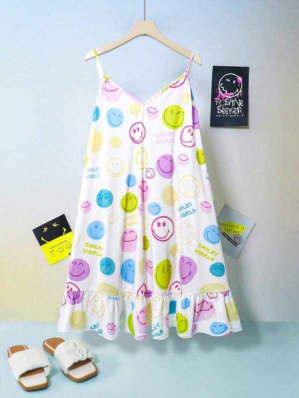 SmileyWorld® | SHEIN Plus Size Smile Face Pattern Colorful Summer Camisole Nightgown Summer Clothes Loose Comfortable Sleep Dress ,Vacation