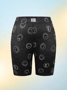 SmileyWorld® | SHEIN Plus Size Patched Smiling Face Pattern Cycling Shorts Summer / Summer Outfits For Women/ Summer Clothes Summer Pants Black Leggings Rave Outfits Festival/ Rave/Festival/ Rave Outfits/ Festival Outfits For Women/ Country Concert Outfit/ Festival Outfits/ Concert/ C Concert Outfit Women/ Concert Outfits For Women/Rave Outfit/Rave Top
