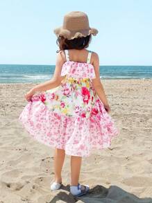 SHEIN Young Girl Loose Casual Simple Comfortable Suspender Ruffle Sweet Cute Dress - Pink - View 8
