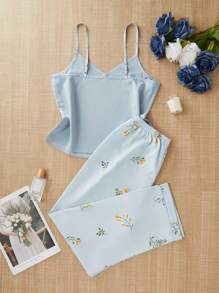 CottageSlumber Women's Summer Solid Color Camisole Top & Botanical Print Pants Pajama Set Loungewear Bountiful Floral Splendor Cozy And Elegant Details