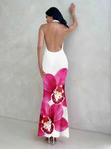 Aloruh 女士优雅兰花印花低胸连衣裙，适合夏季、海滩、节日、派对