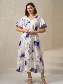 Chikora Plus Size Women's V-Neck White Summer Elegant Flowy Puff Sleeve Dress,Tea Party Cocktail Fairycore Modest Formal Gowns Evening Concert Outfits - Multicolor - View 5