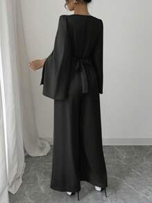 Elenzga Women's Elegant Plunge Neck Fitted Satin Black Jumpsuit Fall Cloth For Women - Black - View 2