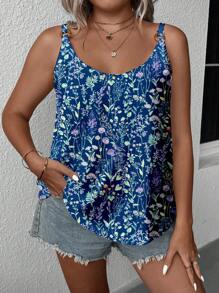 SHEIN LUNE 大码花卉印花夏季休闲吊带背心 - 藍色 - 查看 5