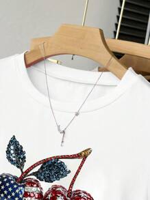 Áo thun nữ cổ tròn tay ngắn in họa tiết quả anh đào, mùa hè - trắng - Xem 5