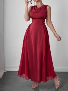 Modelyn Sleeveless Women's Dress With Draped Neck, Side Pleats And Drawstring, Spring/Summer