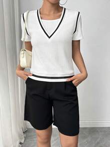 SHEIN LUNE Women's Summer Loose Round Neck Contrast Color Patchwork V-Neck Sleeveless Sweatshirt,Graduation,Teacher,Back To School Pullover Fall - Black and White - View 4