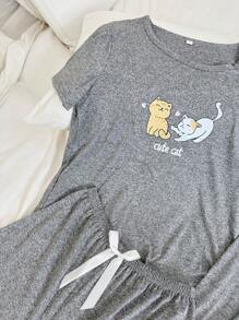 Cute Cat Print 3-Piece Pajama Set With Shorts - Black - View 11