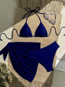 Swim Vcay 3Pcs/Set Solid Color Bikini Set For Beach/Holiday For Summer Beach Vacation - Navy Blue - View 1