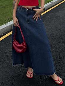 DAZY Women's Long Straight Denim Skirt With Pockets And Raw Hem, Casual Jeans Skirt - Medium Wash - View 5