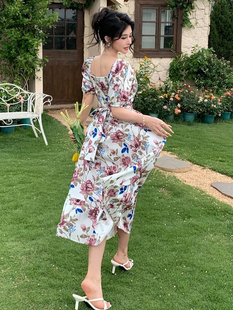 Spring/Summer Vacation Floral Print Shirred Tie Waist Mid-Long Dress For Women,Teacher Outfits Easter Boho