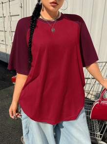 Muchica 大码夏季基本款休闲插肩袖短袖宽松T恤 - 紅色 - 查看 1
