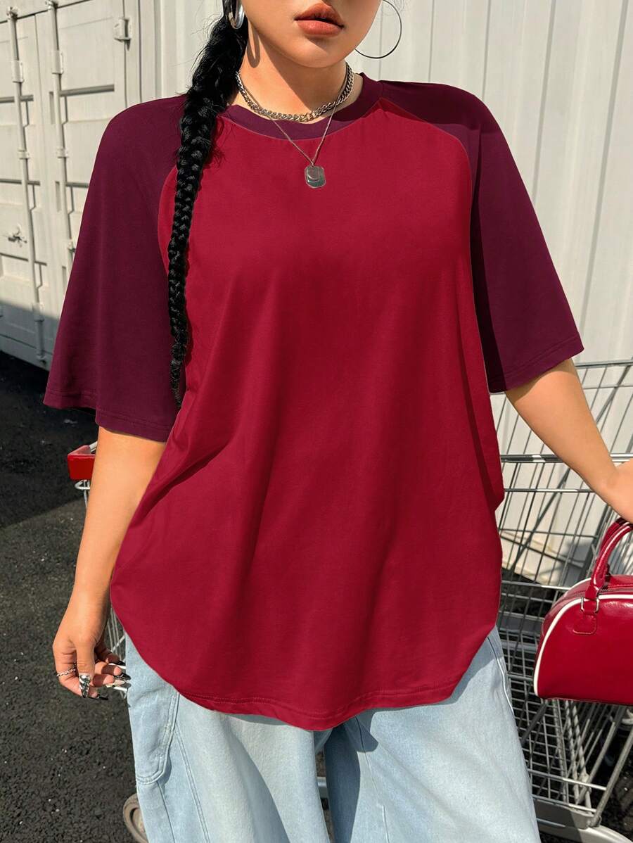 Muchica 大码夏季基本款休闲插肩袖短袖宽松T恤 - 紅色 - 查看 1