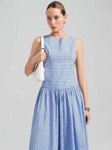 Ontre Vestido casual de verano con cuello redondo, sin mangas y estampado de rayas, estilo festivalero, de moda callejera tipo Estocolmo, para clubes de playa, fiestas nacionales y fiestas de maestras en 2025