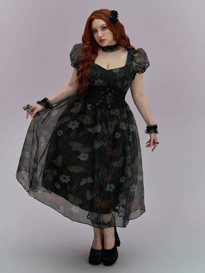 ROMWE Avant Robe de jardin vintage romantique en organza avec motifs de papillon et de fleurs, grande taille pour Halloween