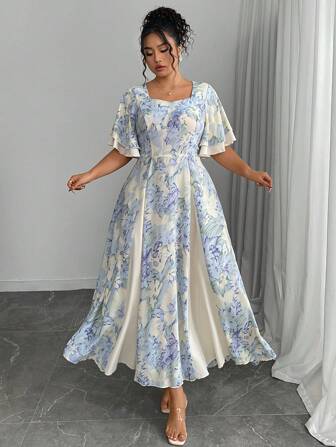 Modelyn Plus Size Blue Tie Dye Print Square Neck Splicing Apricot Insert Flutter Sleeve Waist Tie A-Line Dress