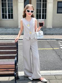 SHEIN Serisse Kids 少女優雅辦公風金屬扣飾不對稱領無袖西裝外套與寬腿長褲兩件套 - 杏色 - 查看 7