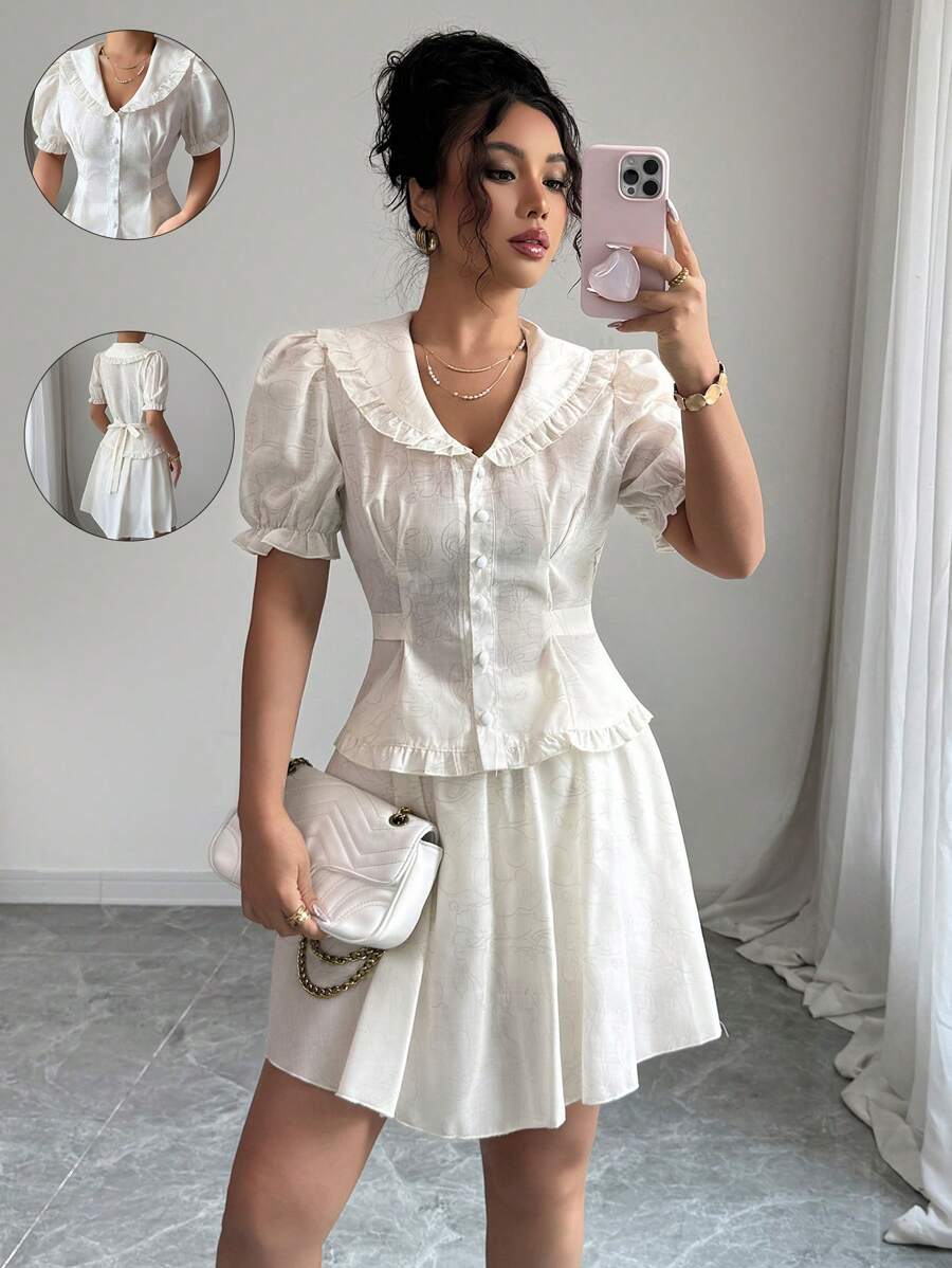 Elenzga 2 Stücke/Set einfarbige Bluse mit Knopfleiste und Kurzarmoberteil und Mini-Rock