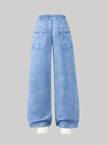 SHEIN Pantalon droit décontracté non en denim avec graphique de lettre tissé pour préadolescentes