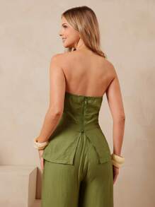 L'Amorae Women Summer Vacation Casual Solid Color Strapless Crop Top - Green - View 2