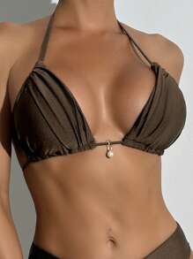 Swim Chiccia 女式夏季海滩纯色闪亮面料露背领口抽绳珍珠吊带休闲泳装比基尼上衣