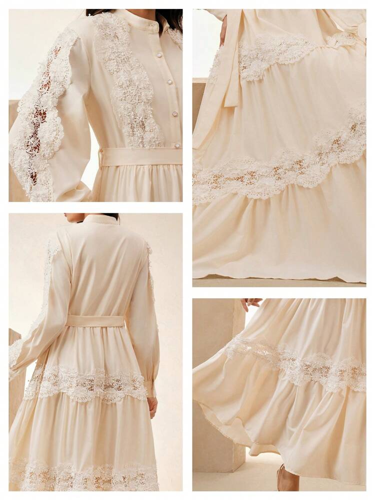 Vestido elegante con aplicaciones de encaje y falda amplia, adecuado para primavera, verano, festivales, vacaciones, días festivos