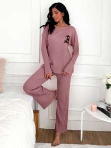 SHEIN Cottnline Letter Pattern Drop Shoulder Ribbed Knit Home Wear Set - Redwood - View 4