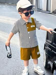 2 Peças/Conjunto Conjunto de Camisa Listrada Coreana de Estilo Patchwork + Shorts Casuais Marrons para Meninos Bebê, Roupas Casuais de Verão - Castanho - Visão 6