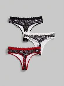 ROMWE Goth 3件套加大码哥特蛇皮玫瑰骷髅眼花卉撞色蕾丝丁字裤 - 彩色 - 查看 2