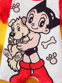 Astro Boy X SHEIN 男婴可爱卡通图案红白短袖连体衣