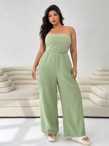 SHEIN EZwear 绿色大码女式休闲褶皱阔腿连体裤 - 綠色 - 查看 3