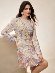 Anewsta 3D Floral Embroidery Women Short Sleeve Mini Dress - Purple - View 6