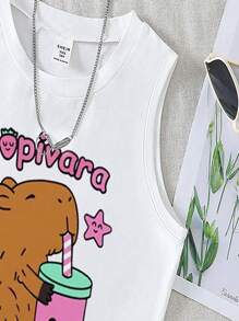 SHEIN Tween Girls' Letter & Cartoon Graphic White Round Neck Camisole - White - View 3