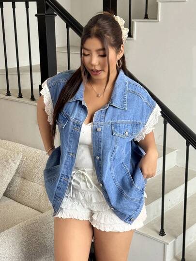 SHEIN EZwear Plus Size Lace Patchwork Front Button Casual Short Sleeve Denim Jacket