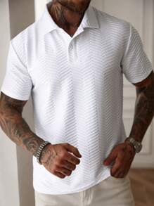 Manfinity CasualCool Manfinity EMRG Men's Casual Everyday Wear, Ins Inspired Design, Classic Textured Knit Short Sleeve Polo Shirt, Button Placket, Suitable For Music Festivals, Vacations And Daily Looks, Men's Color Block Textured Fabric Casual Polo Shirt, Gift For Husband Or Boyfriend