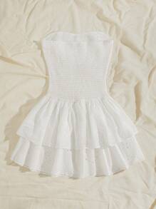 SHEIN Unity Vestido elegante de estilo de vacaciones en azul marino con pliegues, sin tirantes, cintura sexy, calado, bordado y volantes en el bajo - Blanco - Ver 2