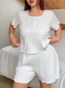 Dazy Plus Conjunto de pijama de unicolor con cuello de equipo acanalado, manga corta, y pantalón corto - Blanco - Ver 4