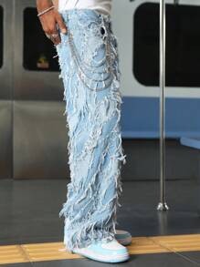 PAVTROS 男士街头服饰 轻度水洗毛边破洞口袋设计贴花刺绣宽松牛仔裤 街头休闲学院风、emo 风格 - 淺色水洗藍 - 查看 5